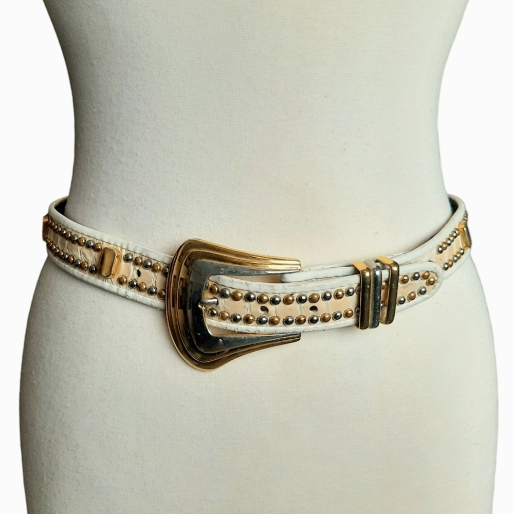 Vtg ST MAARTEN Dallas Croc Embossed Beige/White Leather Belt Gold/Silver Studs M